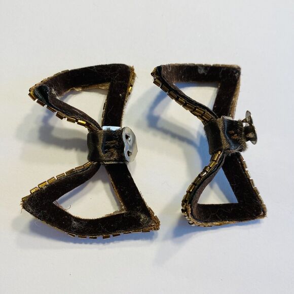 Vintage Shoe Clips Pair Coppery Glass Seed Beads Mid Century Art Deco Fashion - Picture 5 of 6